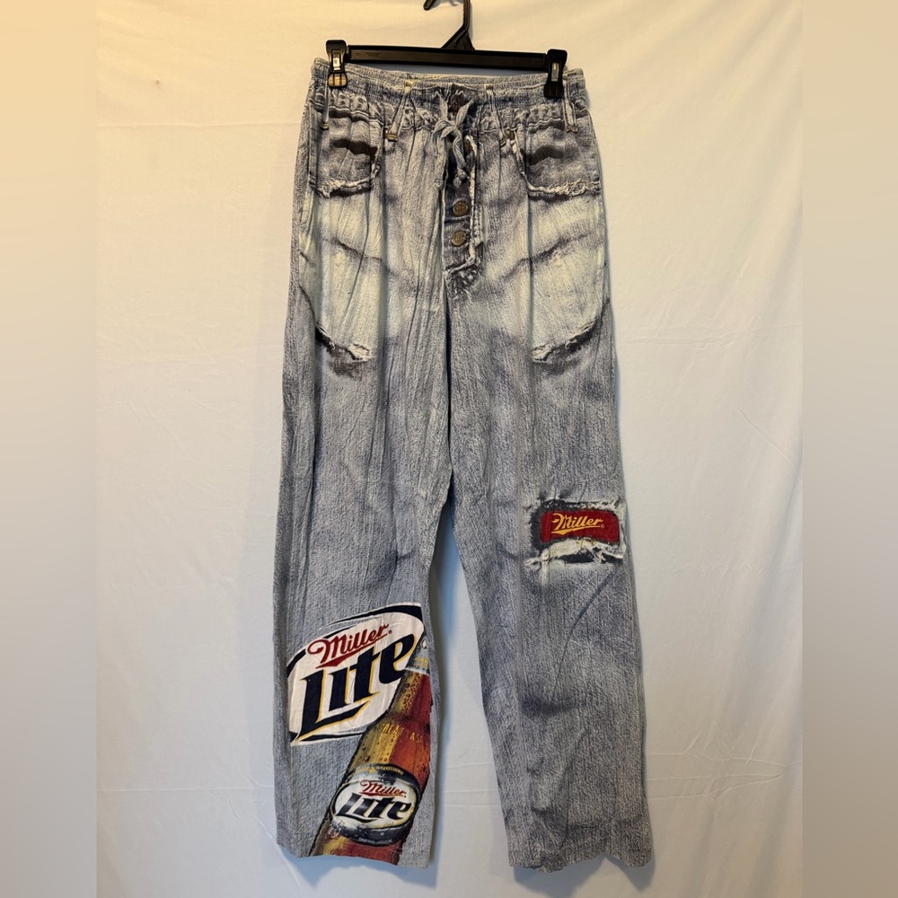 Pajama Lounge Novelty Miller Lite Pants Medium Cotton Distressed Denim Look